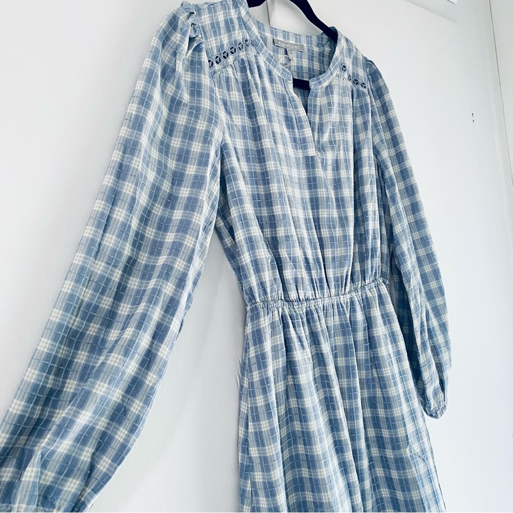NWT Daniel Rainn White/Blue Plaid Gingham Dress Ruffle Hem Feminine Lace S